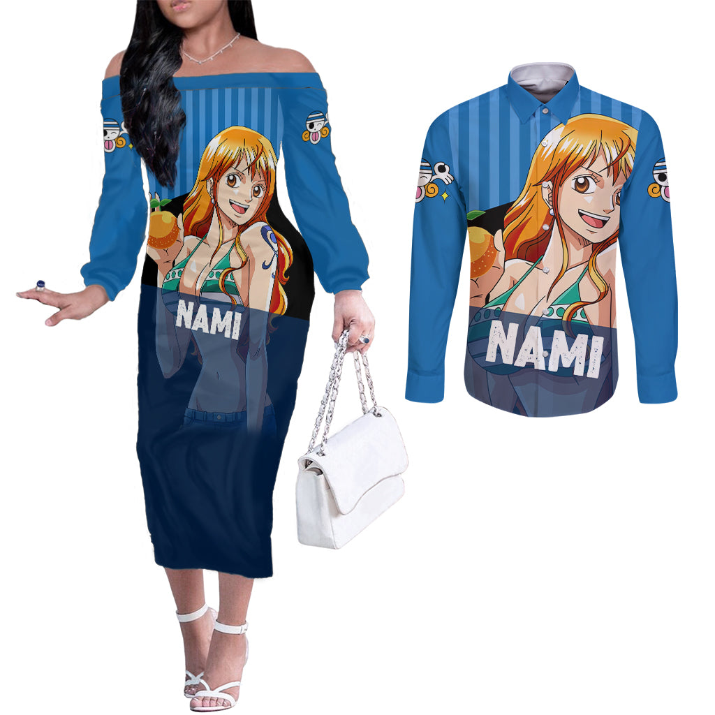 Nami - Cat Burglar Anime Couples Matching Off The Shoulder Long Sleeve Dress and Long Sleeve Button Shirt