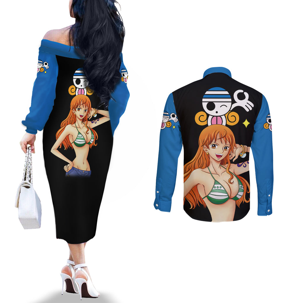 Nami - Cat Burglar Anime Couples Matching Off The Shoulder Long Sleeve Dress and Long Sleeve Button Shirt
