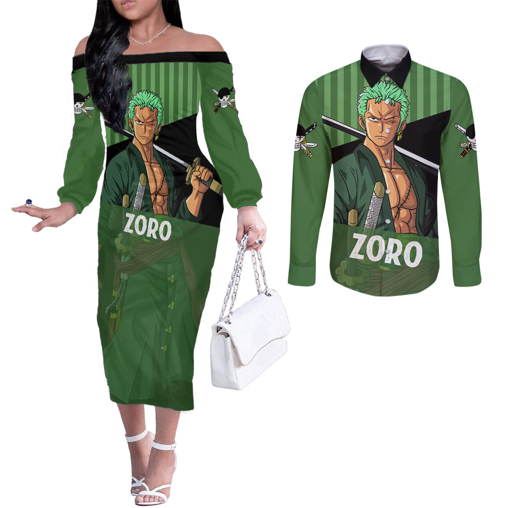 Roronoa Zoro - One Piece Couples Matching Off The Shoulder Long Sleeve Dress and Long Sleeve Button Shirt