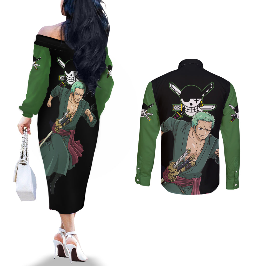 Roronoa Zoro - One Piece Couples Matching Off The Shoulder Long Sleeve Dress and Long Sleeve Button Shirt