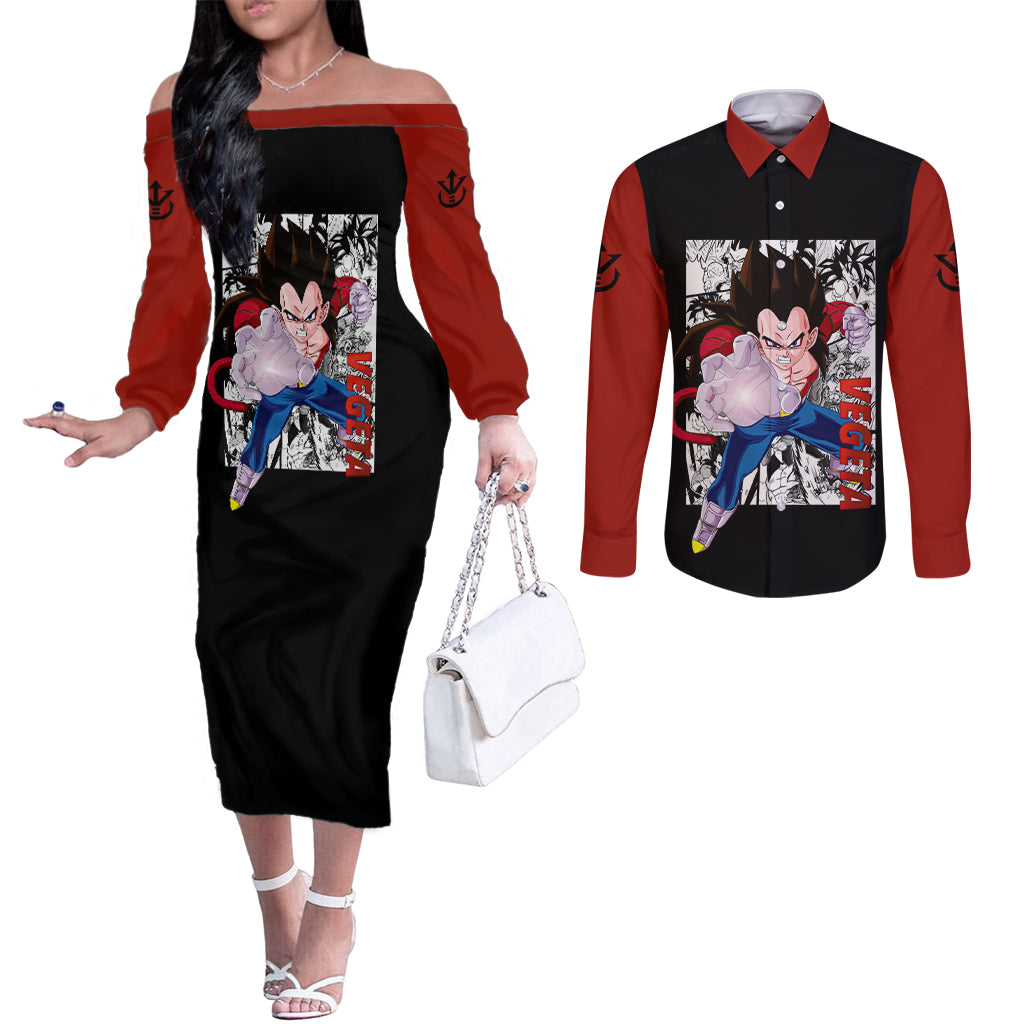 Vegeta Super Saiyan 4  Anime - Manga Couples Matching Off The Shoulder Long Sleeve Dress and Long Sleeve Button Shirt