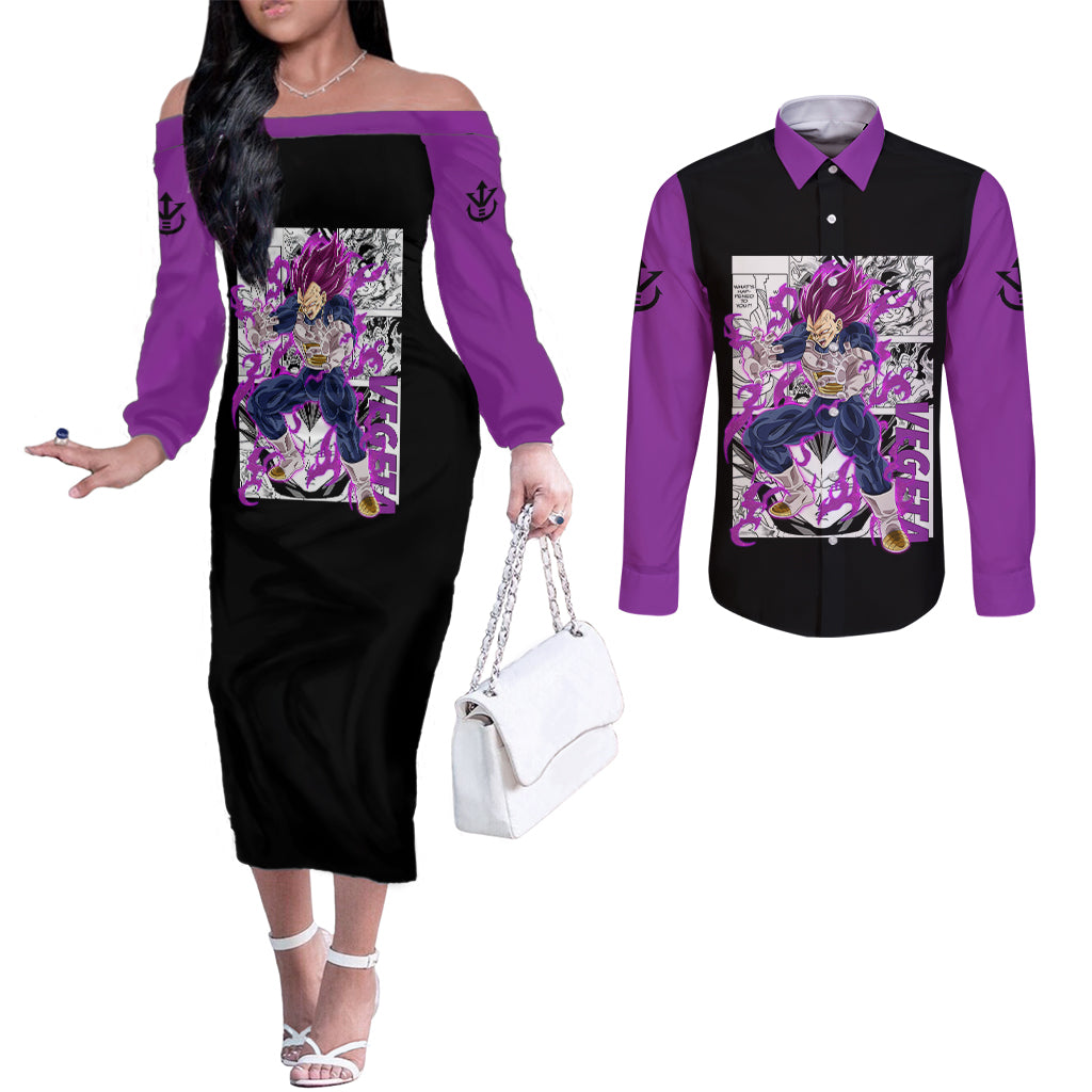 Vegeta Ultra Ego - Anime Manga Couples Matching Off The Shoulder Long Sleeve Dress and Long Sleeve Button Shirt