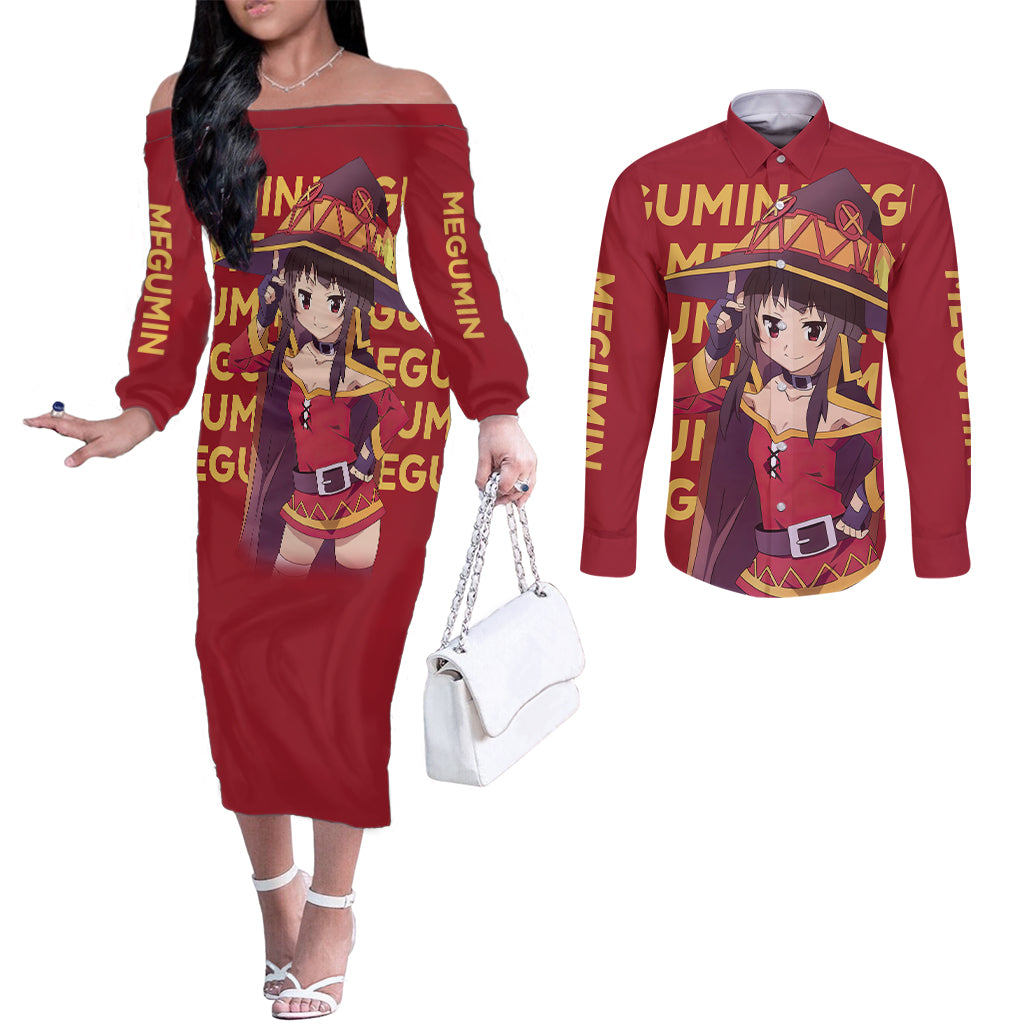 Megumin Couples Matching Off The Shoulder Long Sleeve Dress and Long Sleeve Button Shirt
