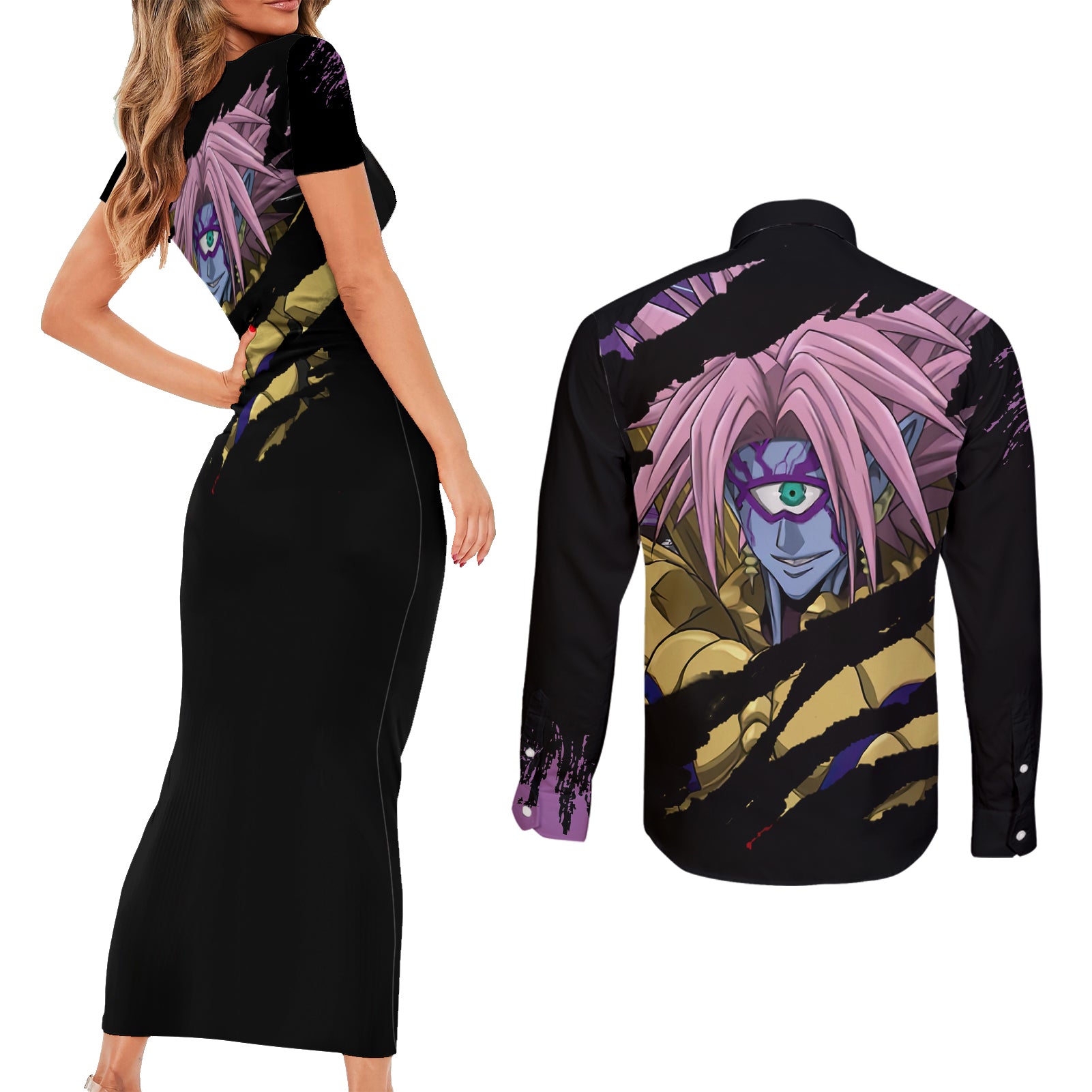 Boros - One Puch Man Couples Matching Short Sleeve Bodycon Dress and Long Sleeve Button Shirt
