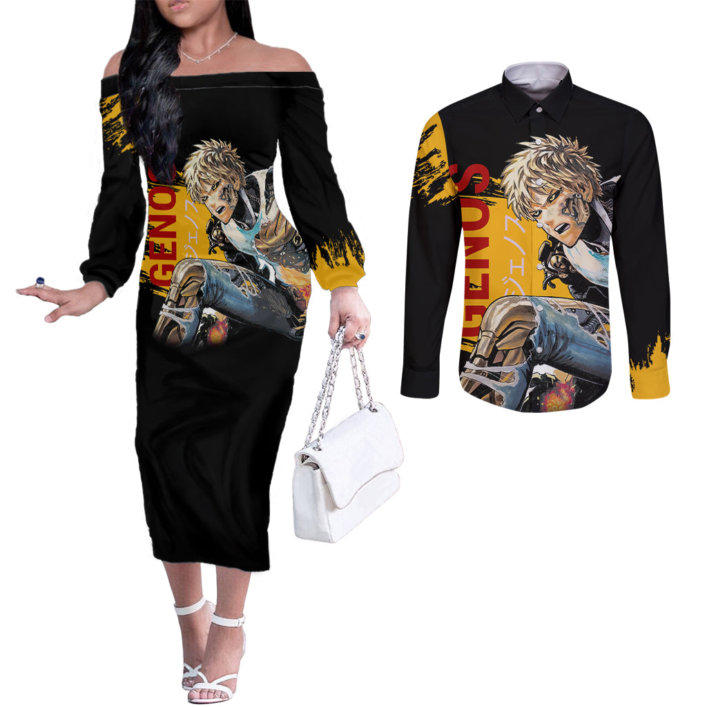 Genos - One Puch Man Couples Matching Off The Shoulder Long Sleeve Dress and Long Sleeve Button Shirt
