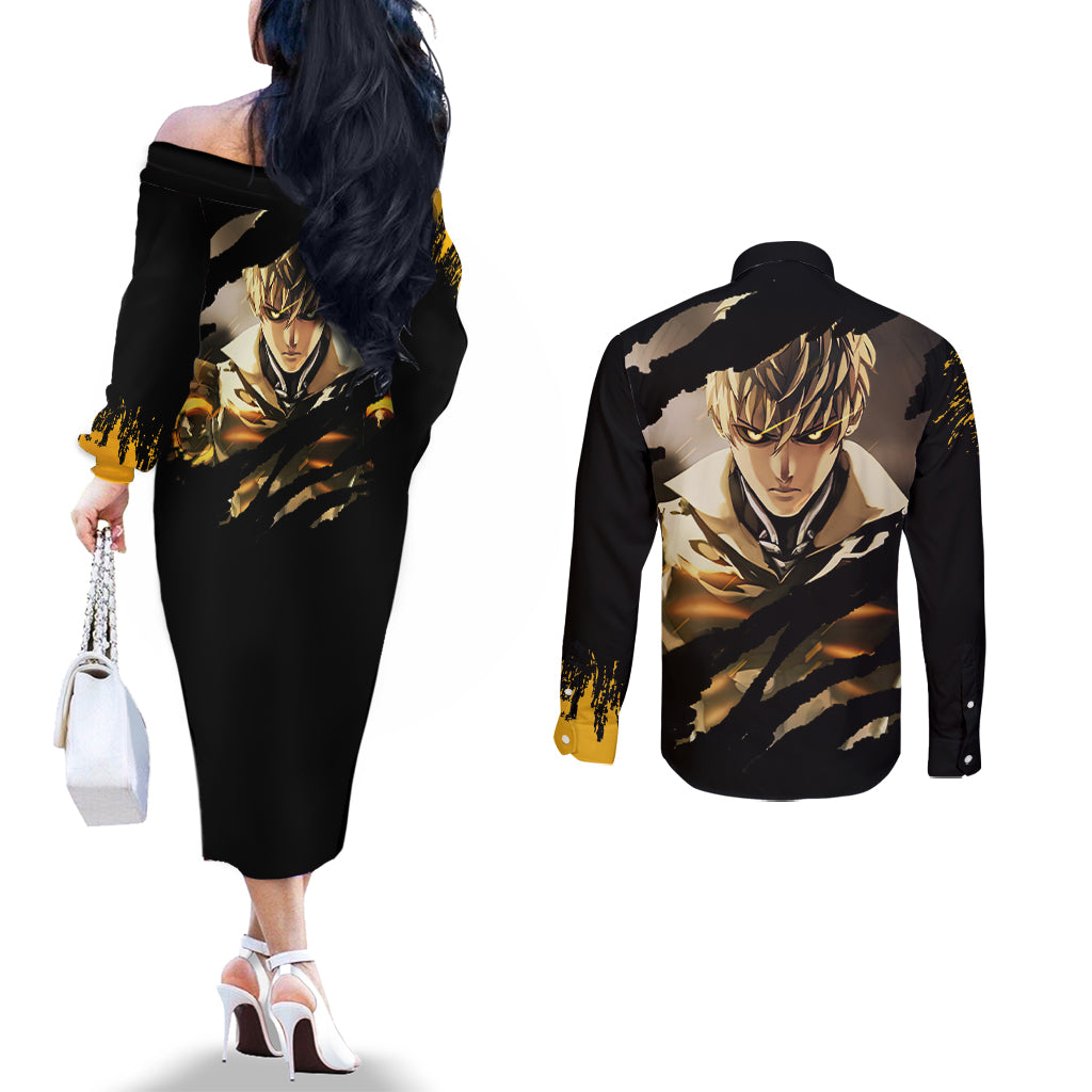 Genos - One Puch Man Couples Matching Off The Shoulder Long Sleeve Dress and Long Sleeve Button Shirt