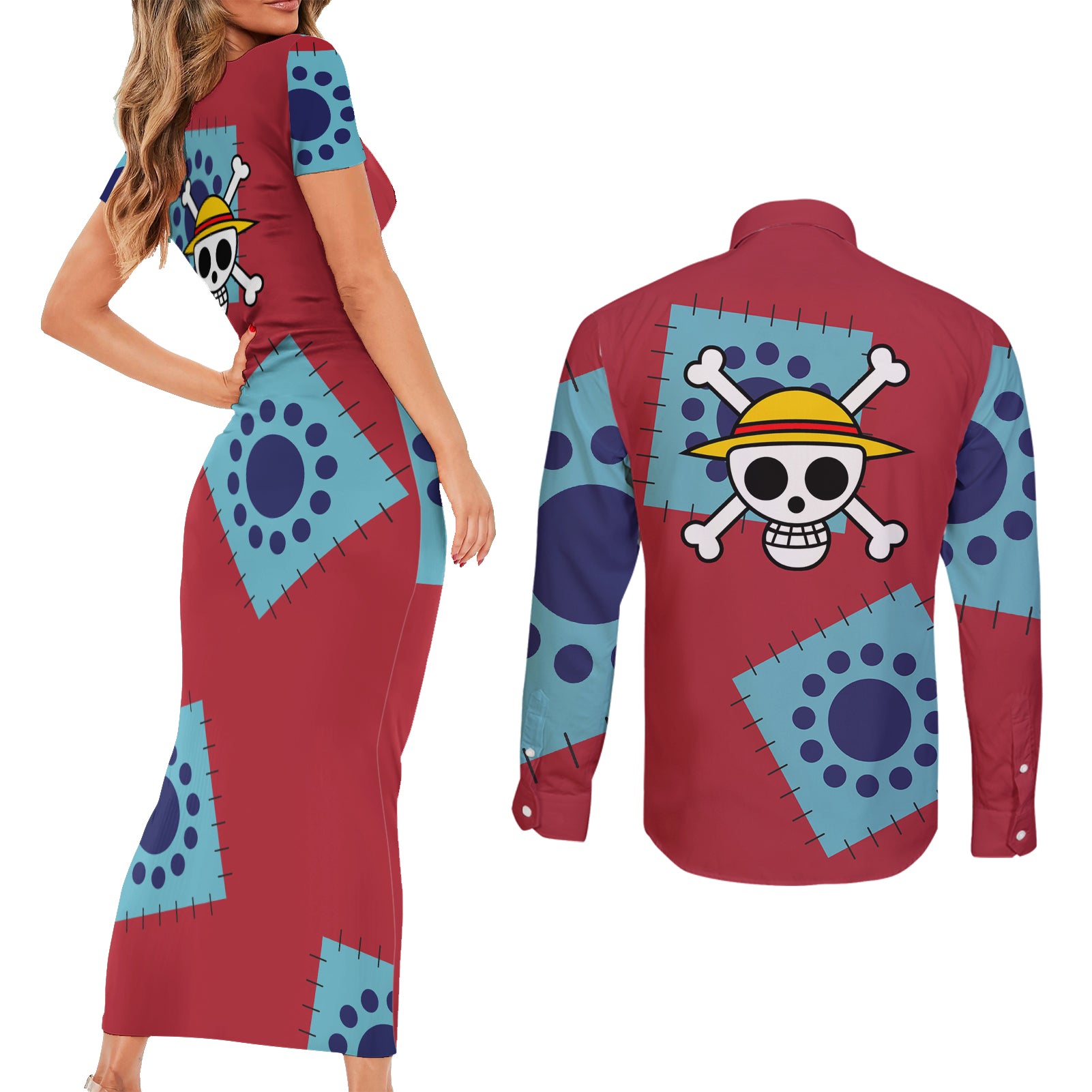 Luffy Wano Arc Couples Matching Short Sleeve Bodycon Dress and Long Sleeve Button Shirt