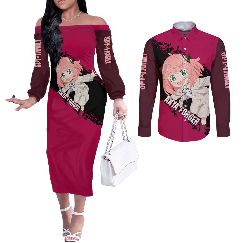 Anya - Spy X Family Couples Matching Off The Shoulder Long Sleeve Dress and Long Sleeve Button Shirt Anime Style