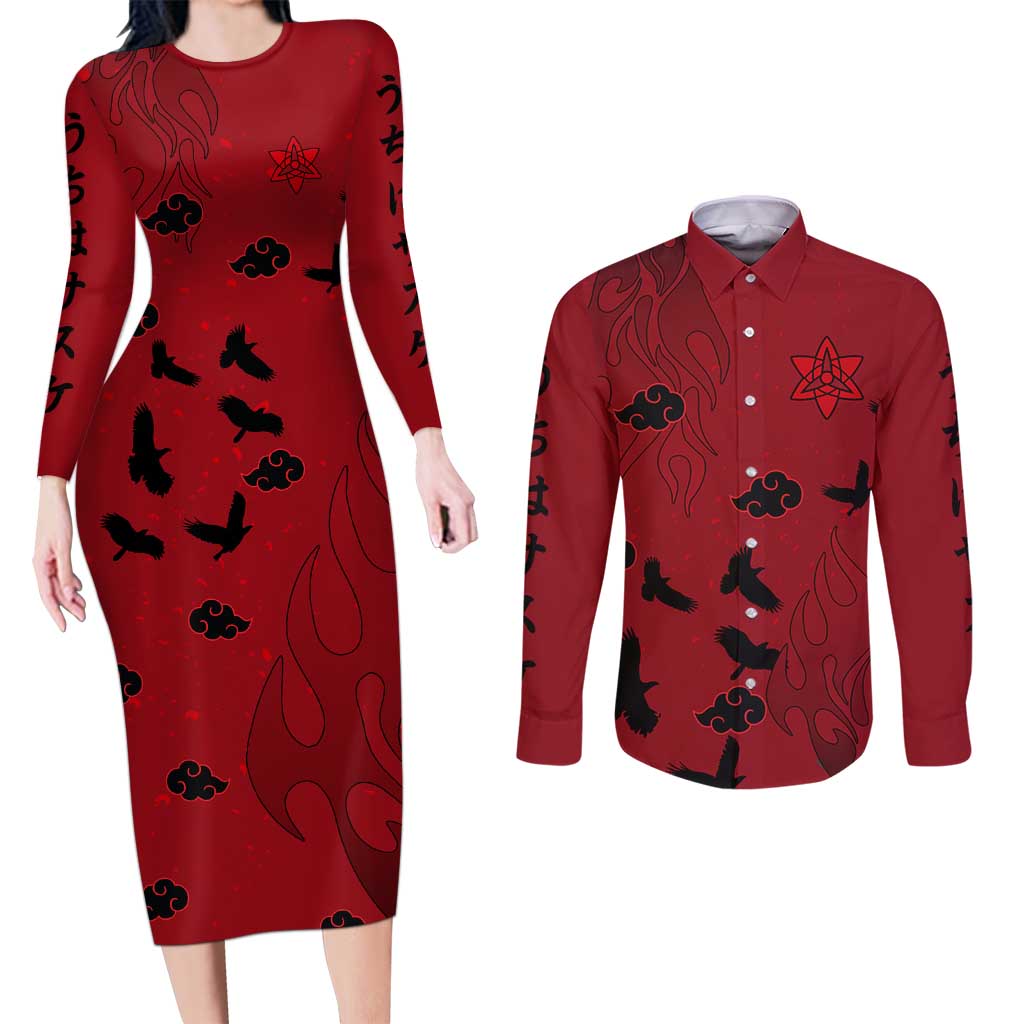 Uchiha Sasuke - Naruto Couples Matching Long Sleeve Bodycon Dress and Long Sleeve Button Shirt Anime Style