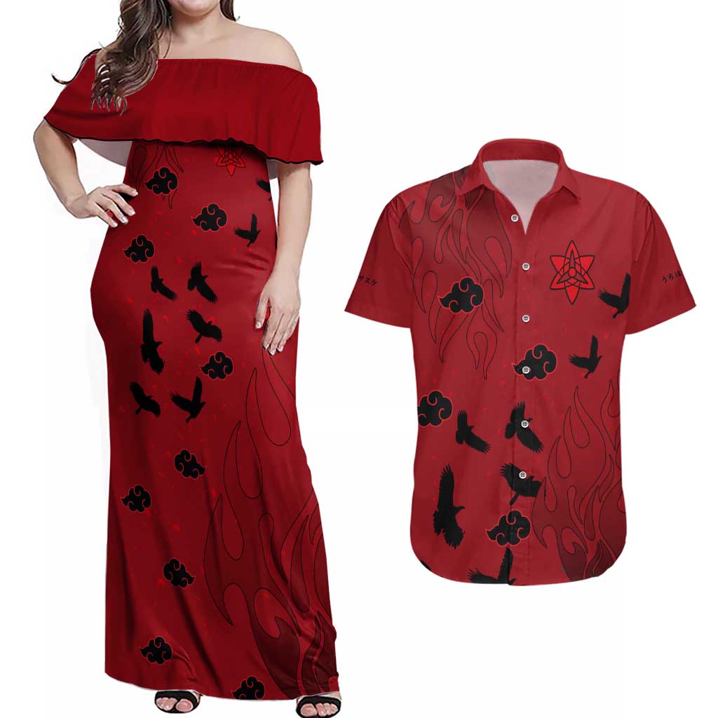 Uchiha Sasuke - Naruto Couples Matching Off Shoulder Maxi Dress and Hawaiian Shirt Anime Style