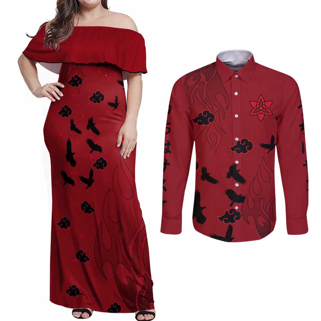Uchiha Sasuke - Naruto Couples Matching Off Shoulder Maxi Dress and Long Sleeve Button Shirt Anime Style