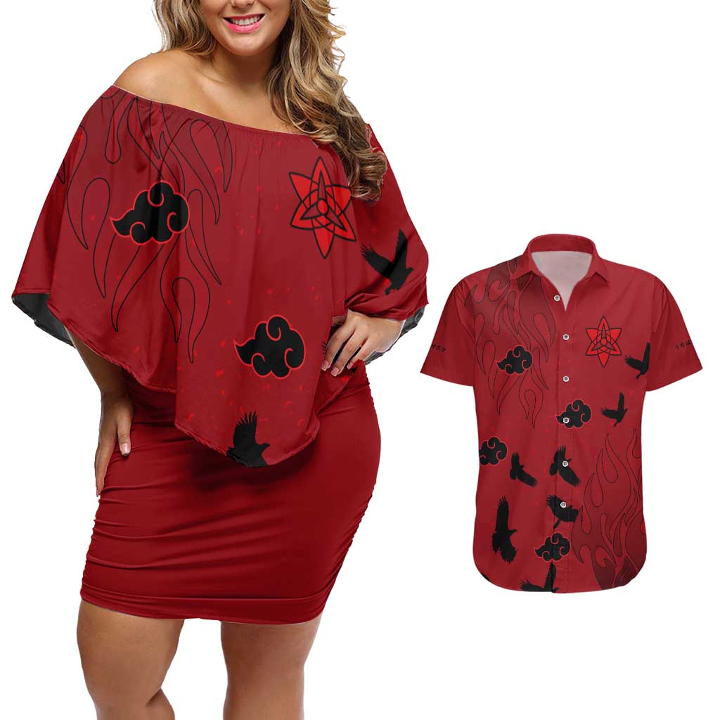 Uchiha Sasuke - Naruto Couples Matching Off Shoulder Short Dress and Hawaiian Shirt Anime Style