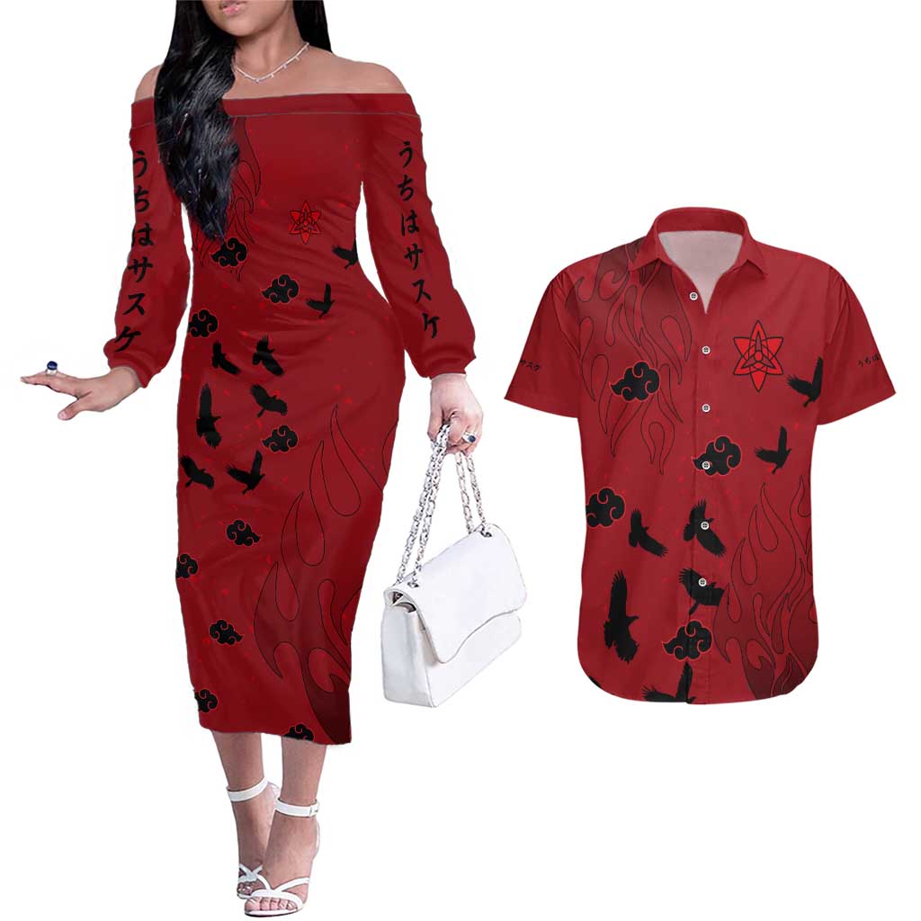 Uchiha Sasuke - Naruto Couples Matching Off The Shoulder Long Sleeve Dress and Hawaiian Shirt Anime Style