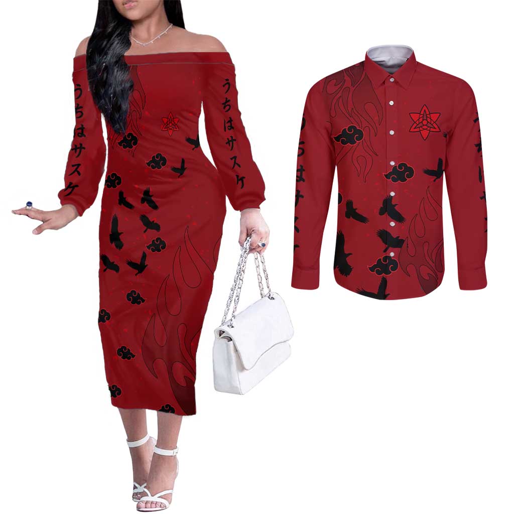Uchiha Sasuke - Naruto Couples Matching Off The Shoulder Long Sleeve Dress and Long Sleeve Button Shirt Anime Style
