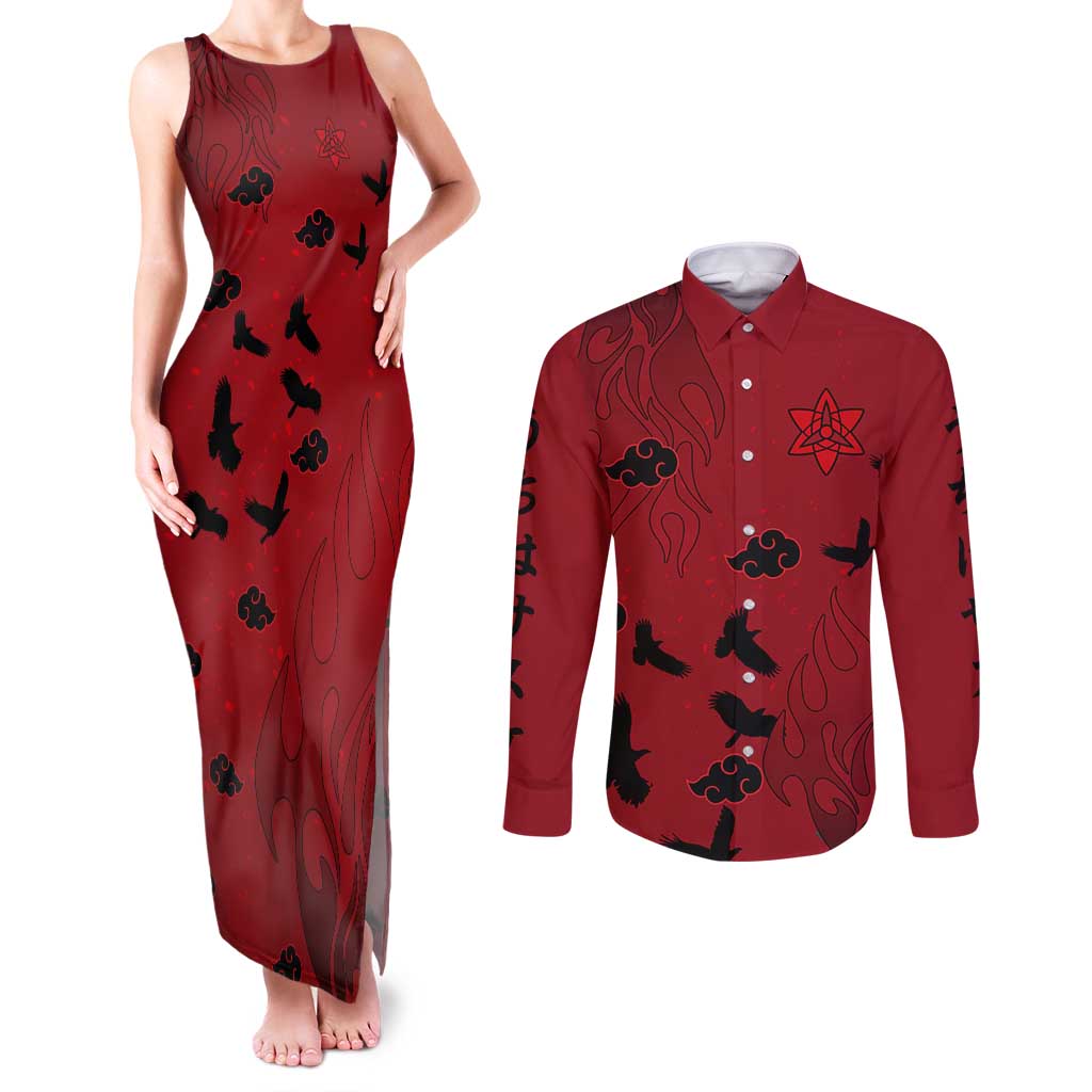 Uchiha Sasuke - Naruto Couples Matching Tank Maxi Dress and Long Sleeve Button Shirt Anime Style