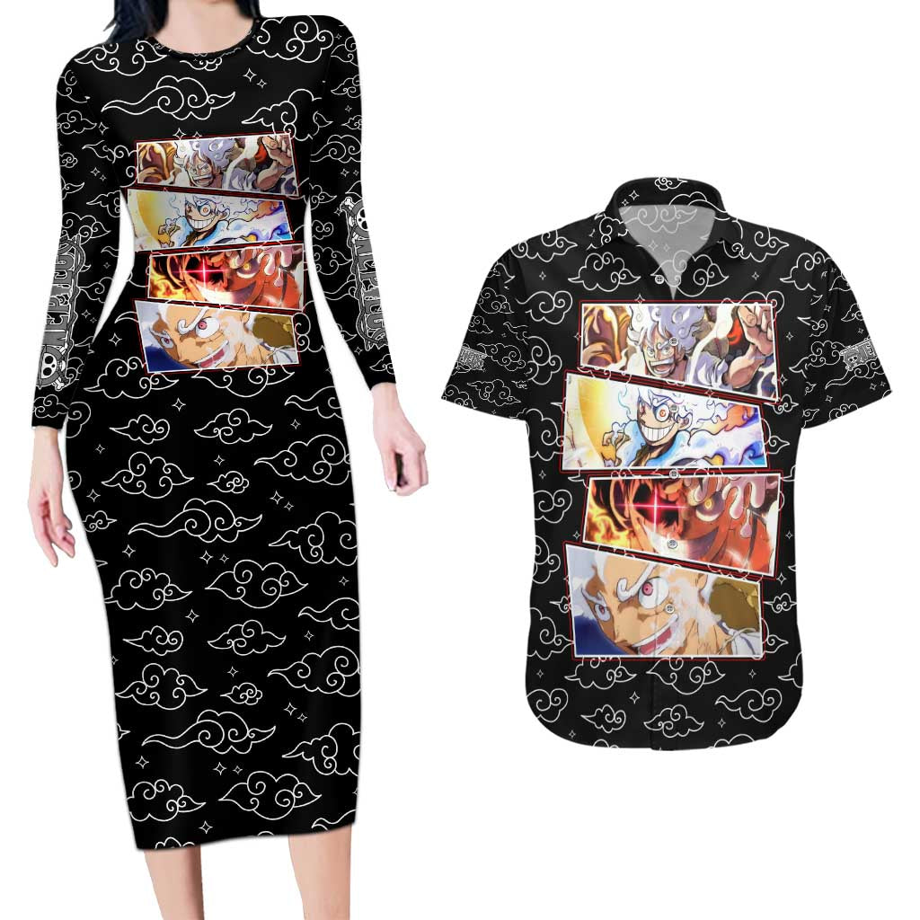 Luffy Gear 5th Nika White Hair - One Piece Couples Matching Long Sleeve Bodycon Dress and Hawaiian Shirt Anime Style