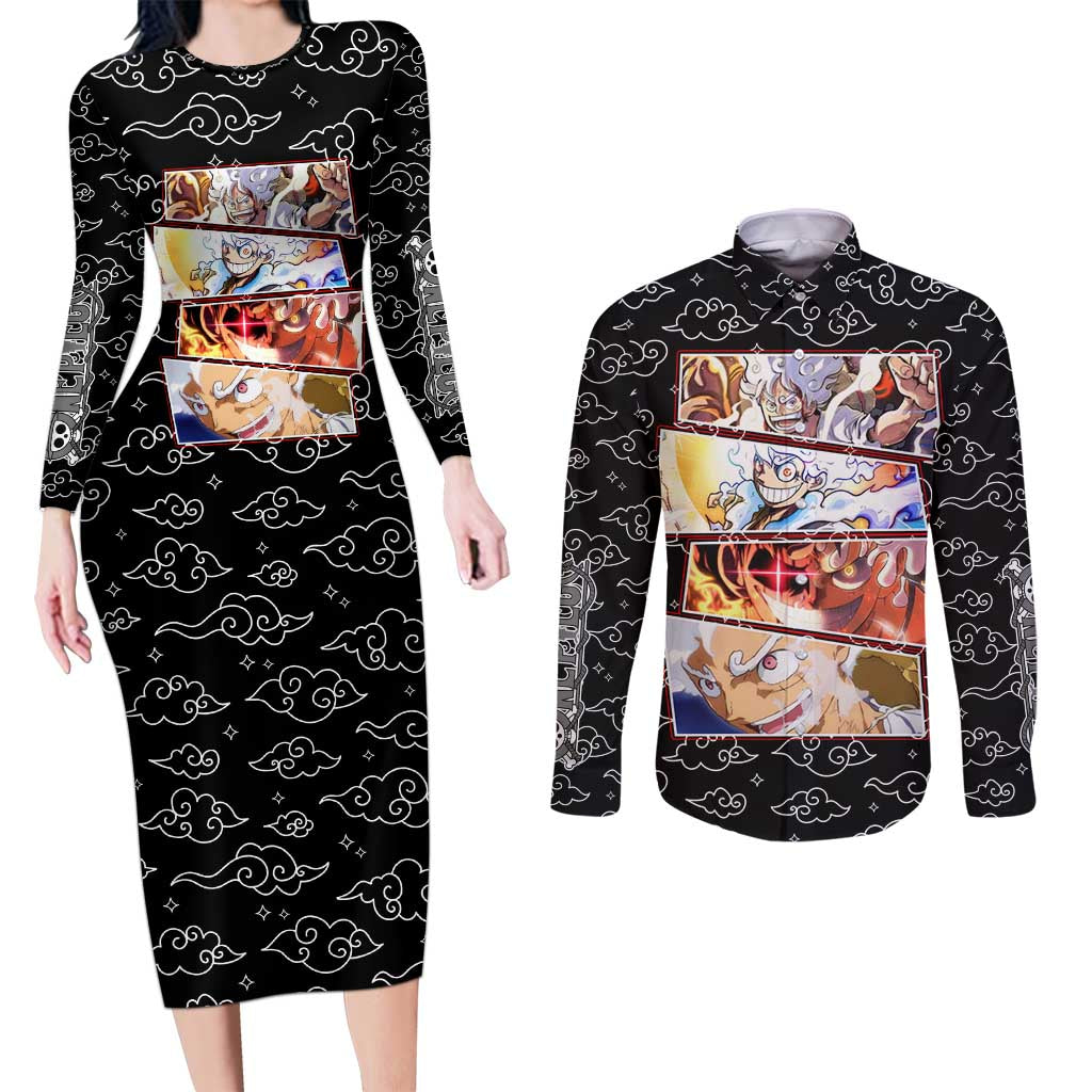 Luffy Gear 5th Nika White Hair - One Piece Couples Matching Long Sleeve Bodycon Dress and Long Sleeve Button Shirt Anime Style