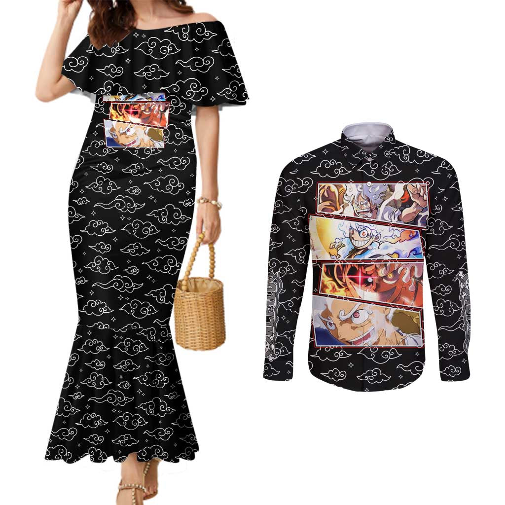 Luffy Gear 5th Nika White Hair - One Piece Couples Matching Mermaid Dress and Long Sleeve Button Shirt Anime Style