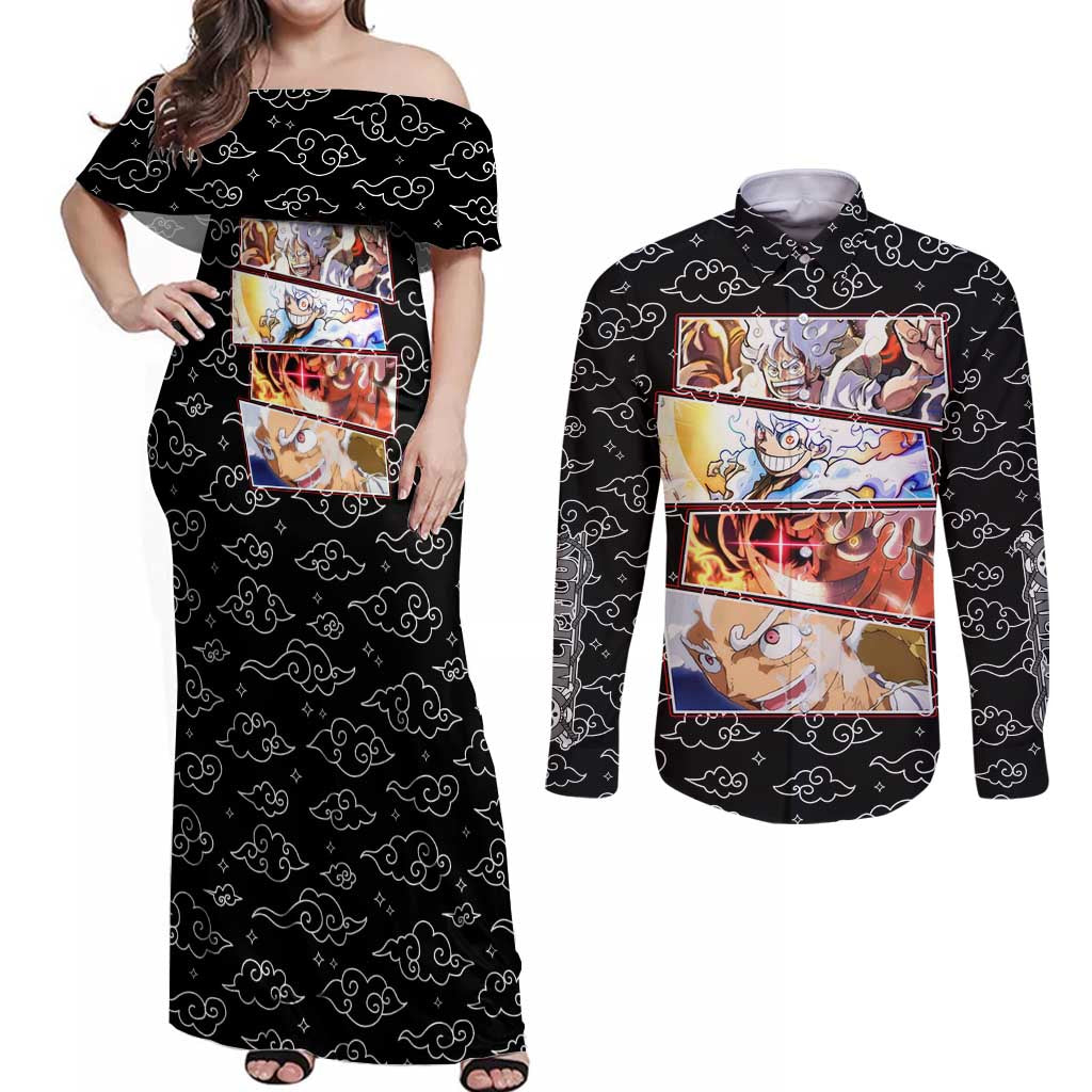 Luffy Gear 5th Nika White Hair - One Piece Couples Matching Off Shoulder Maxi Dress and Long Sleeve Button Shirt Anime Style