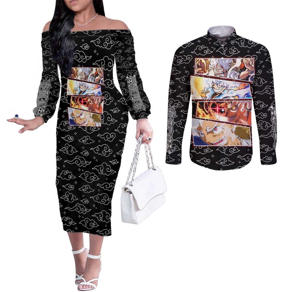 Luffy Gear 5th Nika White Hair - One Piece Couples Matching Off The Shoulder Long Sleeve Dress and Long Sleeve Button Shirt Anime Style