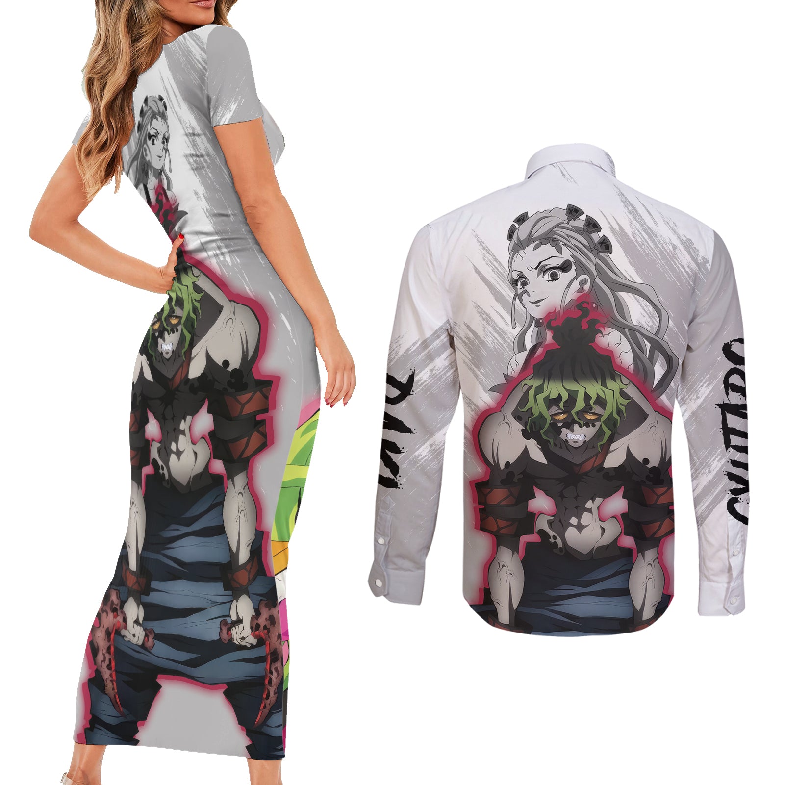 Gyutato and Daki Couples Matching Short Sleeve Bodycon Dress and Long Sleeve Button Shirt Demon Slayer