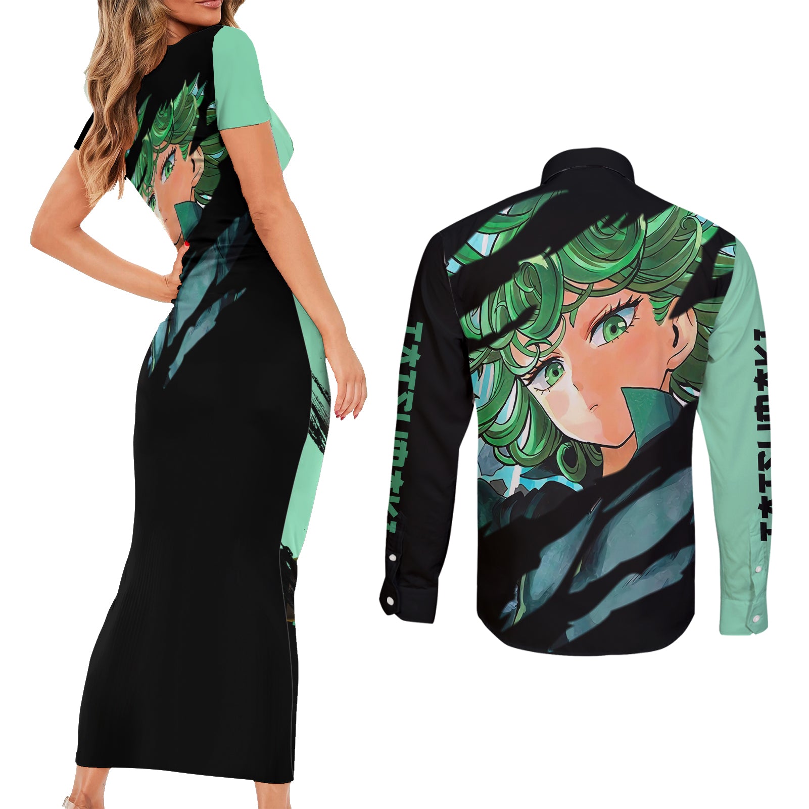 Tatsumaki Couples Matching Short Sleeve Bodycon Dress and Long Sleeve Button Shirt Demon Slayer