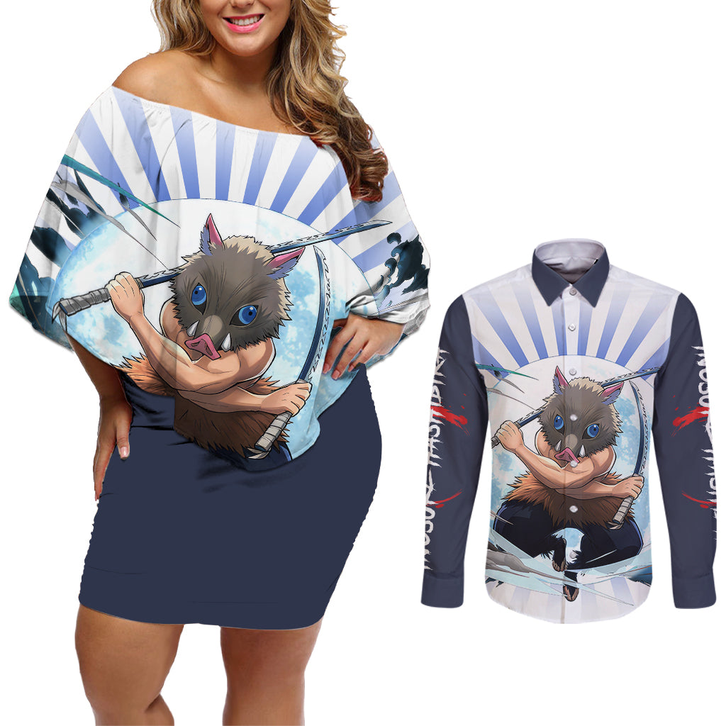 Inosuke Hashibira Couples Matching Off Shoulder Short Dress and Long Sleeve Button Shirt Demon Slayer