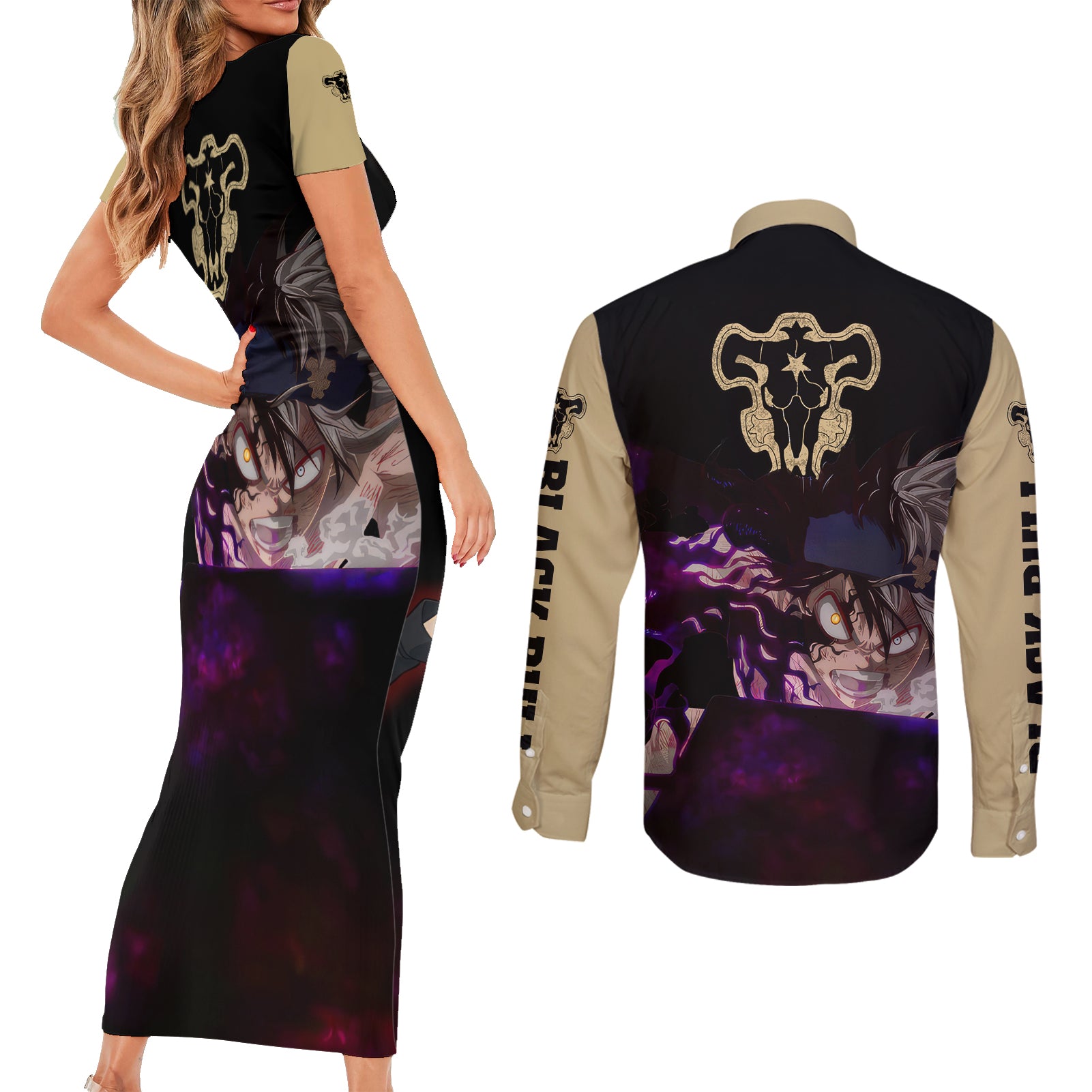 Black Bull Devil Asta - Anime Couples Matching Short Sleeve Bodycon Dress and Long Sleeve Button Shirt Black Clover Anime