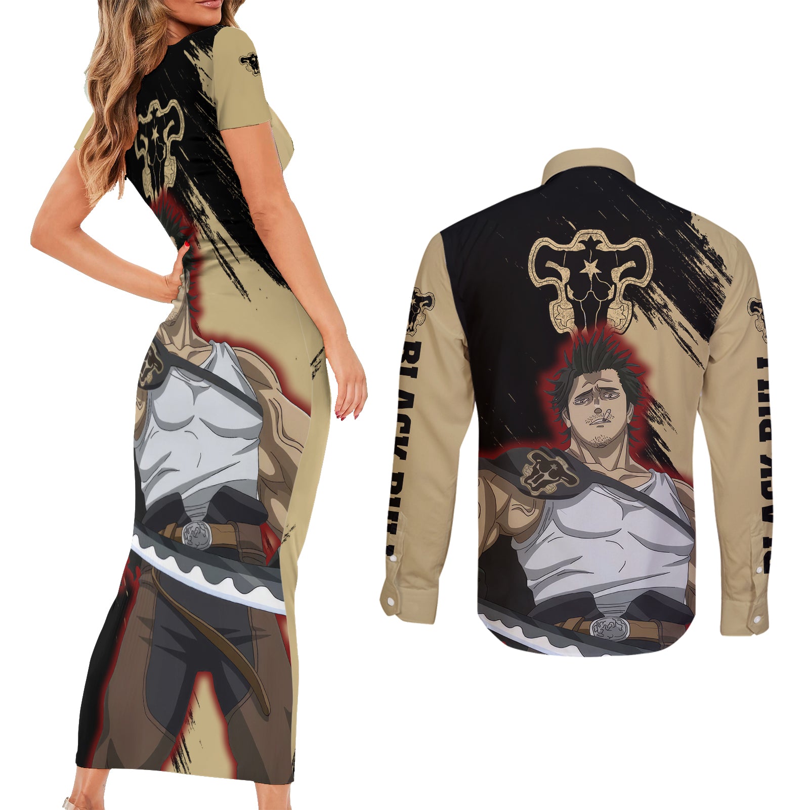 Black Bull Yami Sukehiro Couples Matching Short Sleeve Bodycon Dress and Long Sleeve Button Shirt Black Clover Anime
