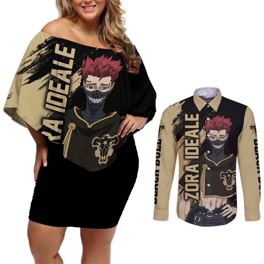 Black Bull Zora Ideale Couples Matching Off Shoulder Short Dress and Long Sleeve Button Shirt Black Clover Anime