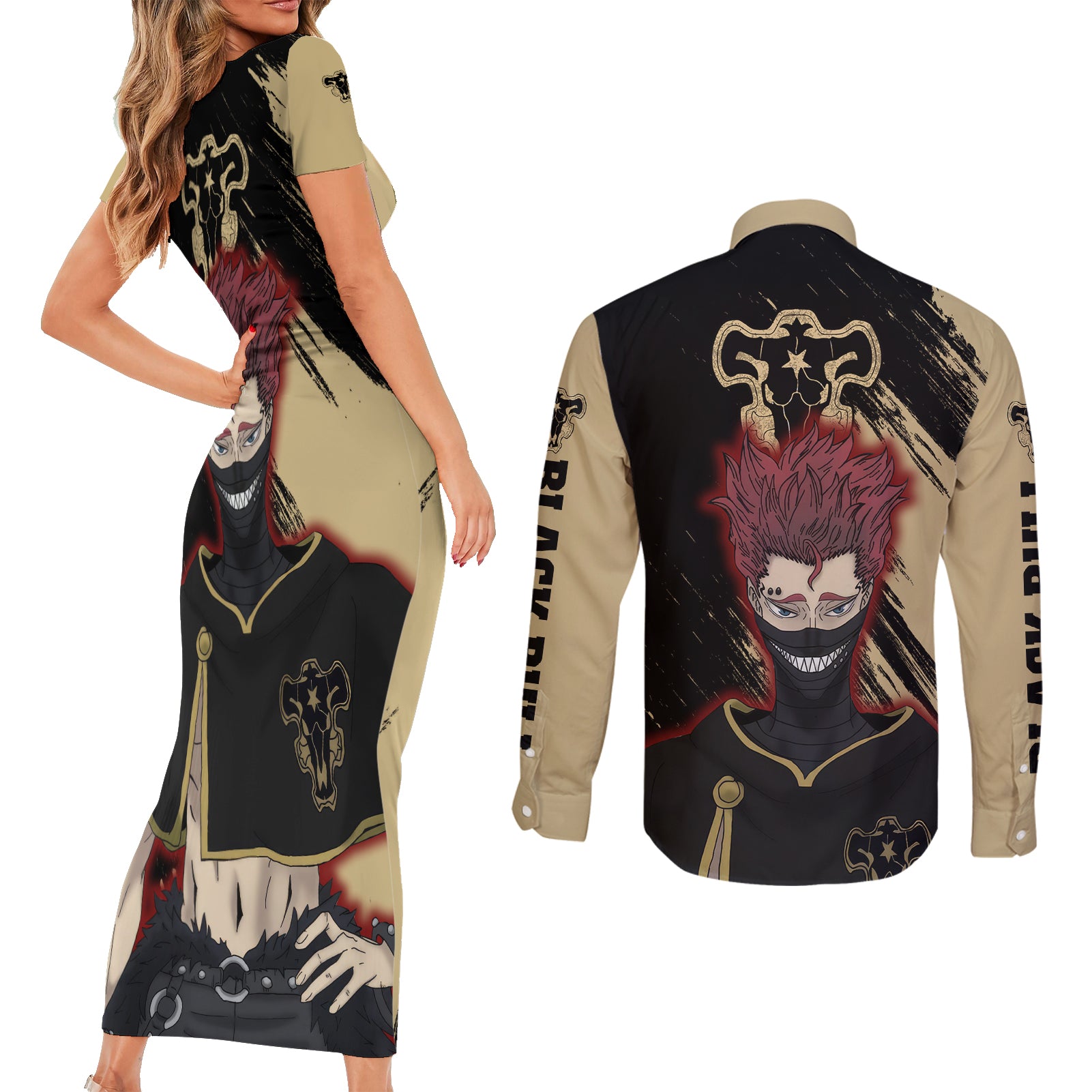 Black Bull Zora Ideale Couples Matching Short Sleeve Bodycon Dress and Long Sleeve Button Shirt Black Clover Anime