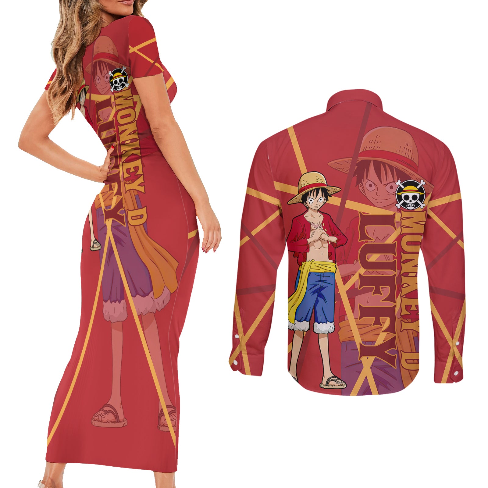 Luffy Couples Matching Short Sleeve Bodycon Dress and Long Sleeve Button Shirt One Piece