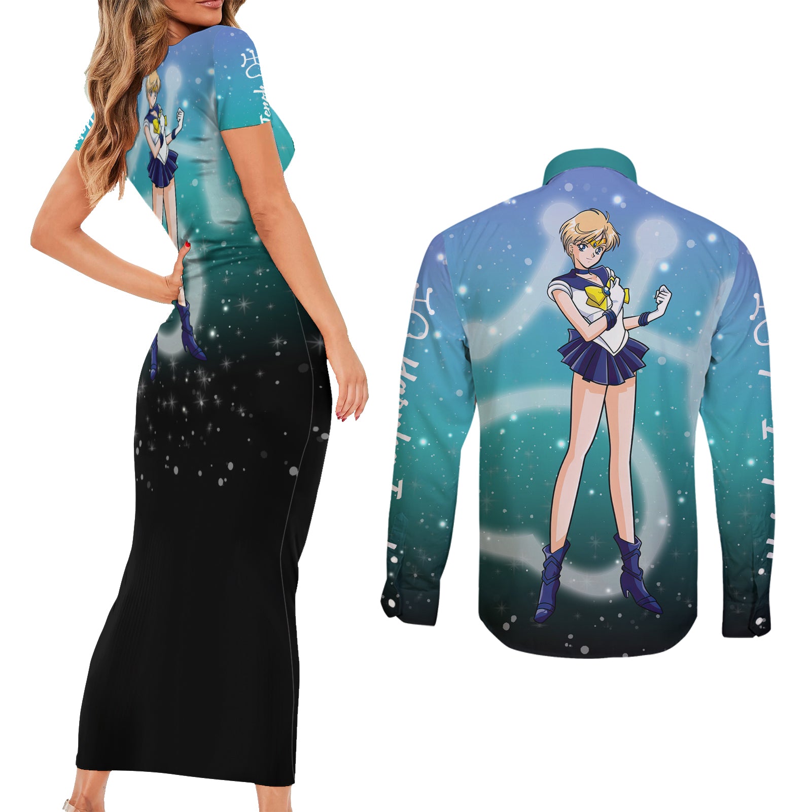 Haruka Tenoh Couples Matching Short Sleeve Bodycon Dress and Long Sleeve Button Shirt Sailor Uranus Sailor Moon Anime