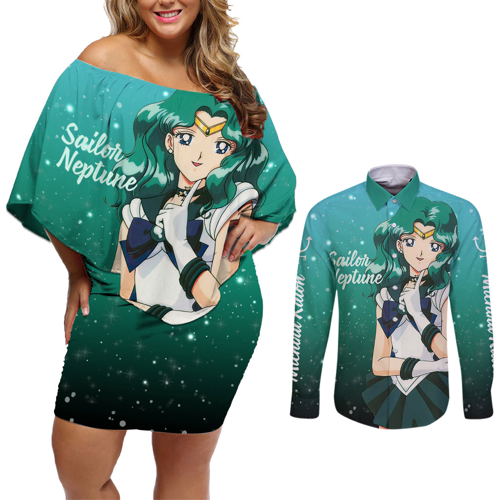 Michiru Kaioh Couples Matching Off Shoulder Short Dress and Long Sleeve Button Shirt Sailor Neptune Sailor Moon Anime