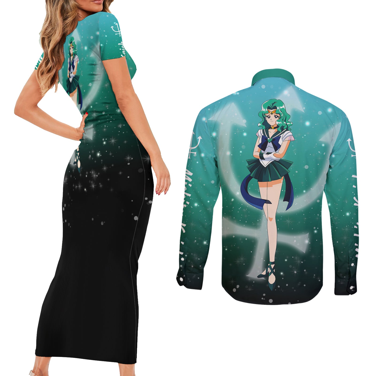 Michiru Kaioh Couples Matching Short Sleeve Bodycon Dress and Long Sleeve Button Shirt Sailor Neptune Sailor Moon Anime