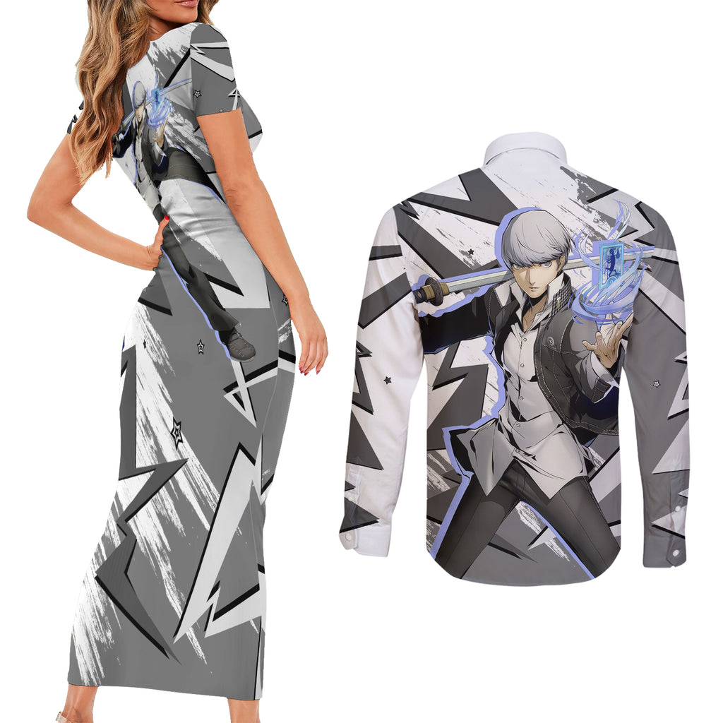 Yu Narukami Persona Couples Matching Short Sleeve Bodycon Dress and Long Sleeve Button Shirt Anime Mix Polygon Cyber Style