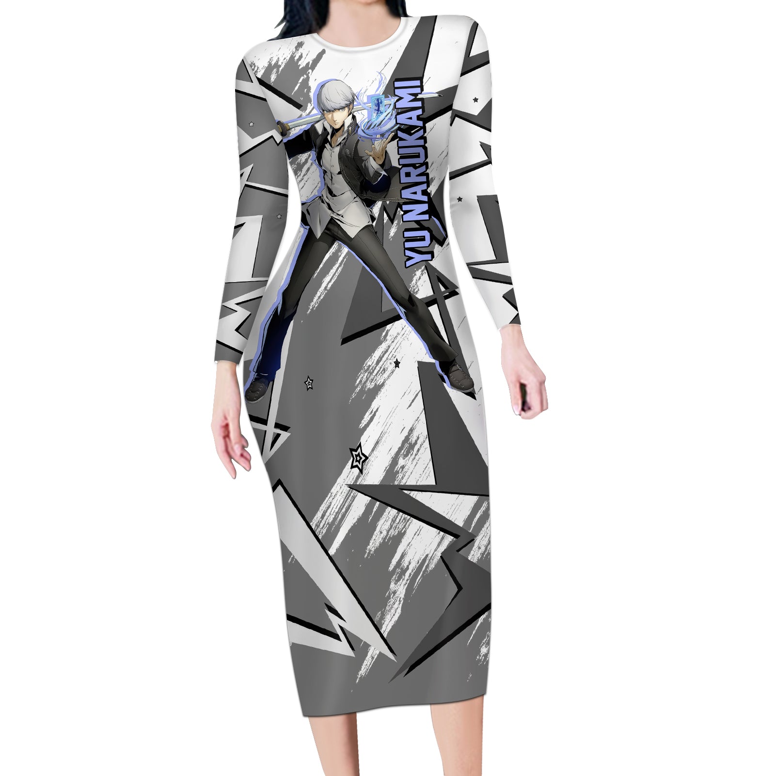 Yu Narukami Persona Long Sleeve Bodycon Dress Anime Mix Polygon Cyber Style