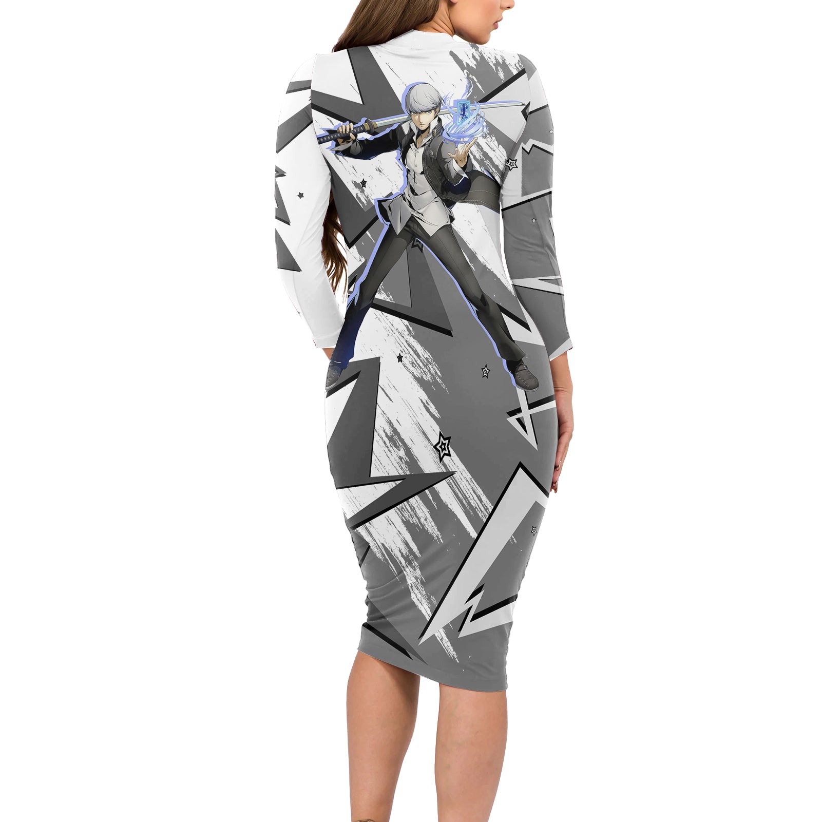 Yu Narukami Persona Long Sleeve Bodycon Dress Anime Mix Polygon Cyber Style