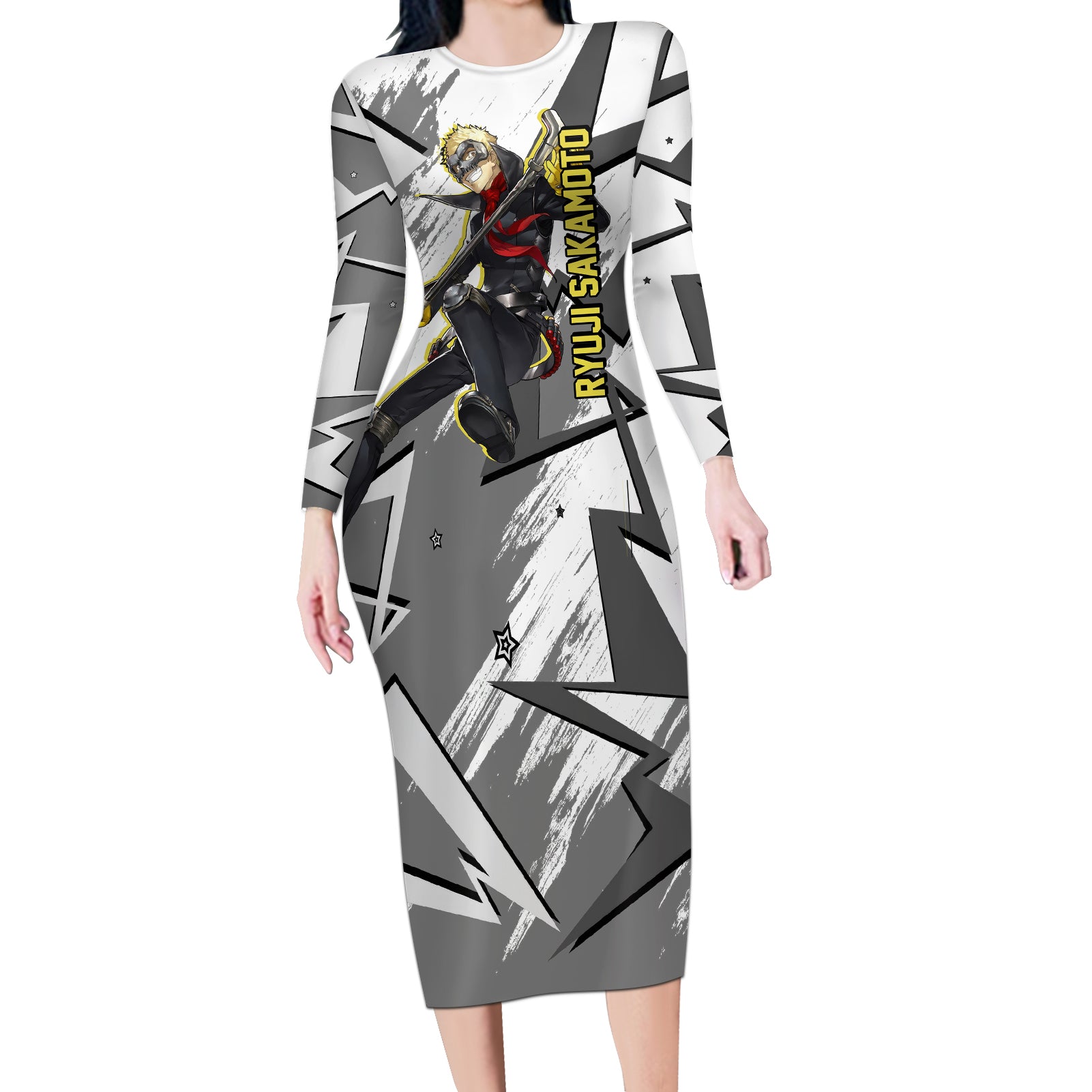 Ryuji Sakamoto Persona Long Sleeve Bodycon Dress Anime Mix Polygon Cyber Style