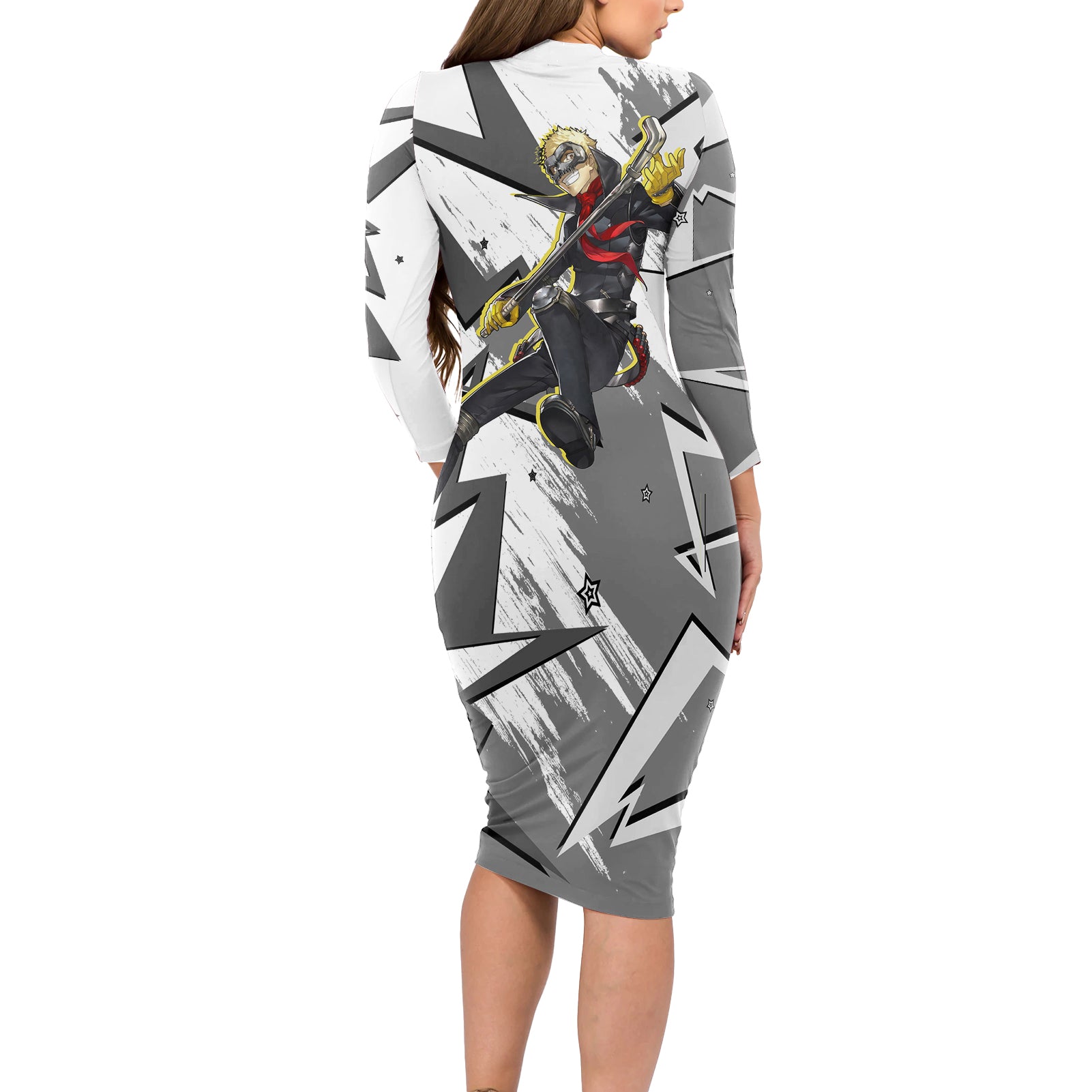 Ryuji Sakamoto Persona Long Sleeve Bodycon Dress Anime Mix Polygon Cyber Style