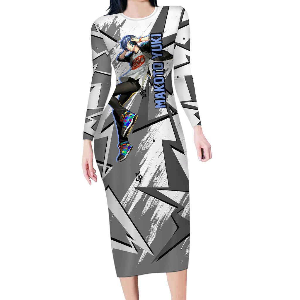 Makoto Yuki Long Sleeve Bodycon Dress Anime Mix Polygon Cyber Style