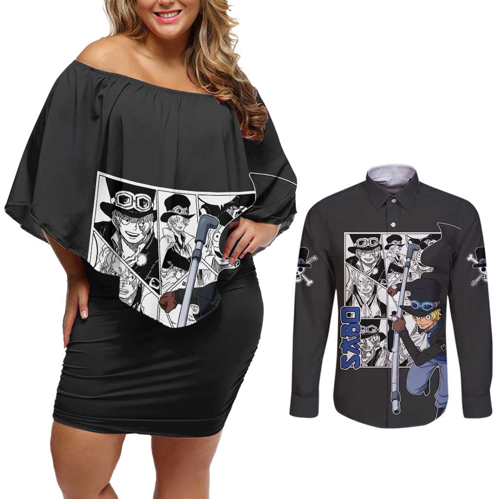 Sabo - One Piece Couples Matching Off Shoulder Short Dress and Long Sleeve Button Shirt Anime Mix Manga Style