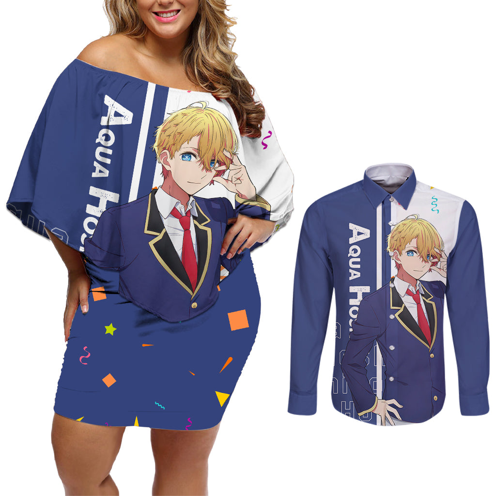 Aquamarine Hoshino - Oshi no Ko Couples Matching Off Shoulder Short Dress and Long Sleeve Button Shirt Anime Style