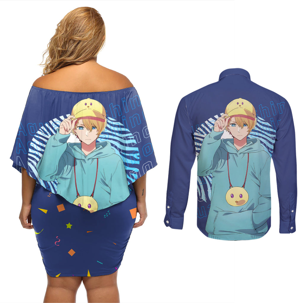 Aquamarine Hoshino - Oshi no Ko Couples Matching Off Shoulder Short Dress and Long Sleeve Button Shirt Anime Style