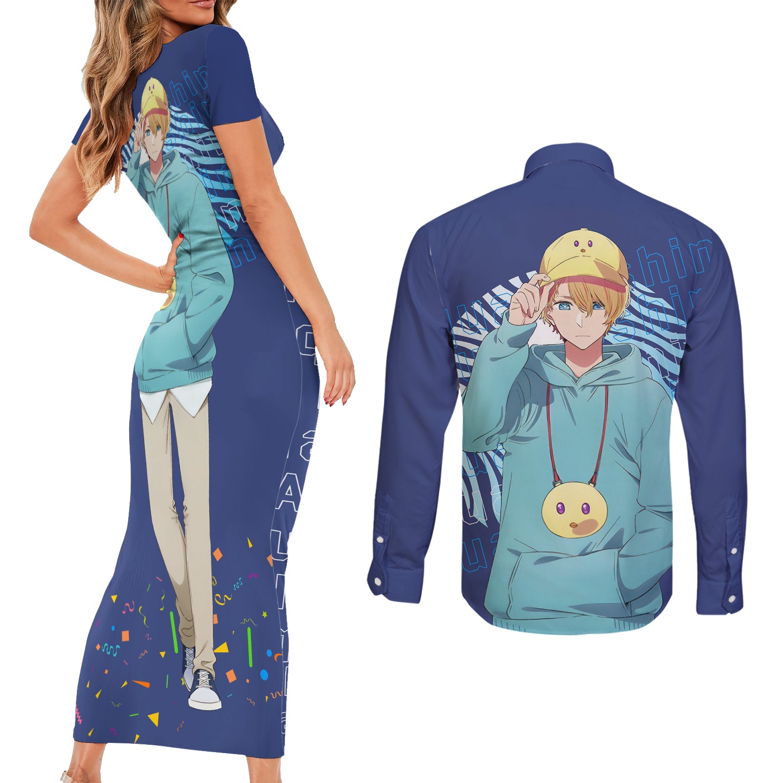 Aquamarine Hoshino - Oshi no Ko Couples Matching Short Sleeve Bodycon Dress and Long Sleeve Button Shirt Anime Style