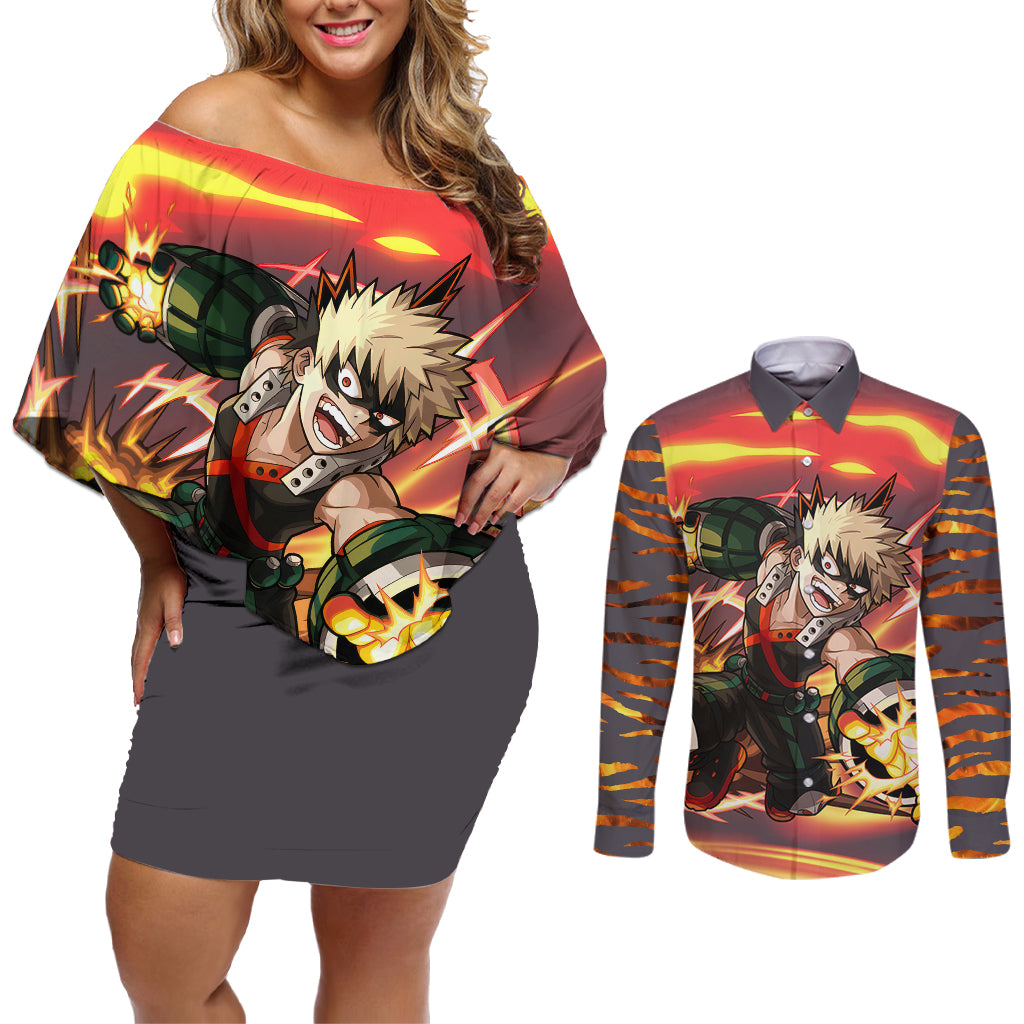 Katsuki Bakugo - My Hero Academia Couples Matching Off Shoulder Short Dress and Long Sleeve Button Shirt Dynamight Anime Style