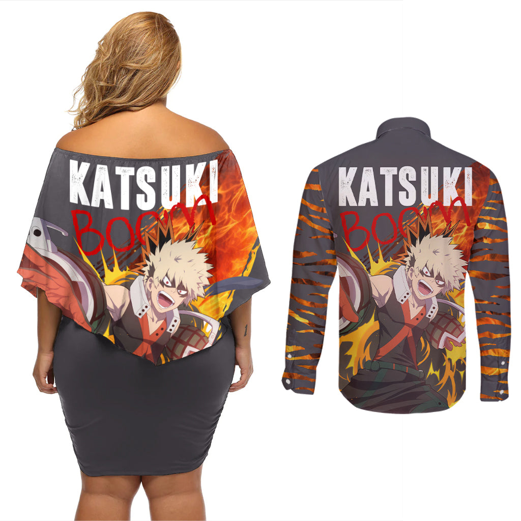 Katsuki Bakugo - My Hero Academia Couples Matching Off Shoulder Short Dress and Long Sleeve Button Shirt Dynamight Anime Style