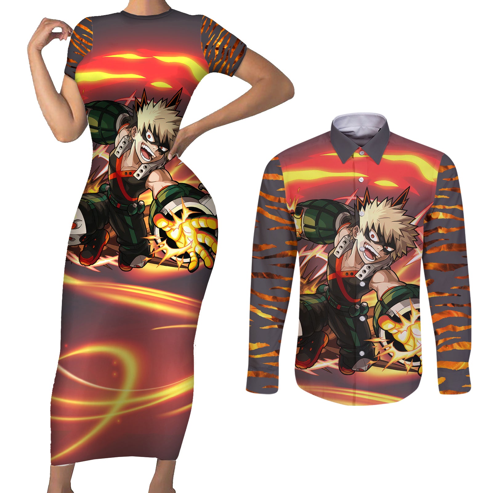 Katsuki Bakugo - My Hero Academia Couples Matching Short Sleeve Bodycon Dress and Long Sleeve Button Shirt Dynamight Anime Style