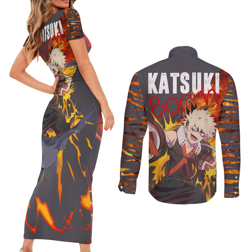 Katsuki Bakugo - My Hero Academia Couples Matching Short Sleeve Bodycon Dress and Long Sleeve Button Shirt Dynamight Anime Style