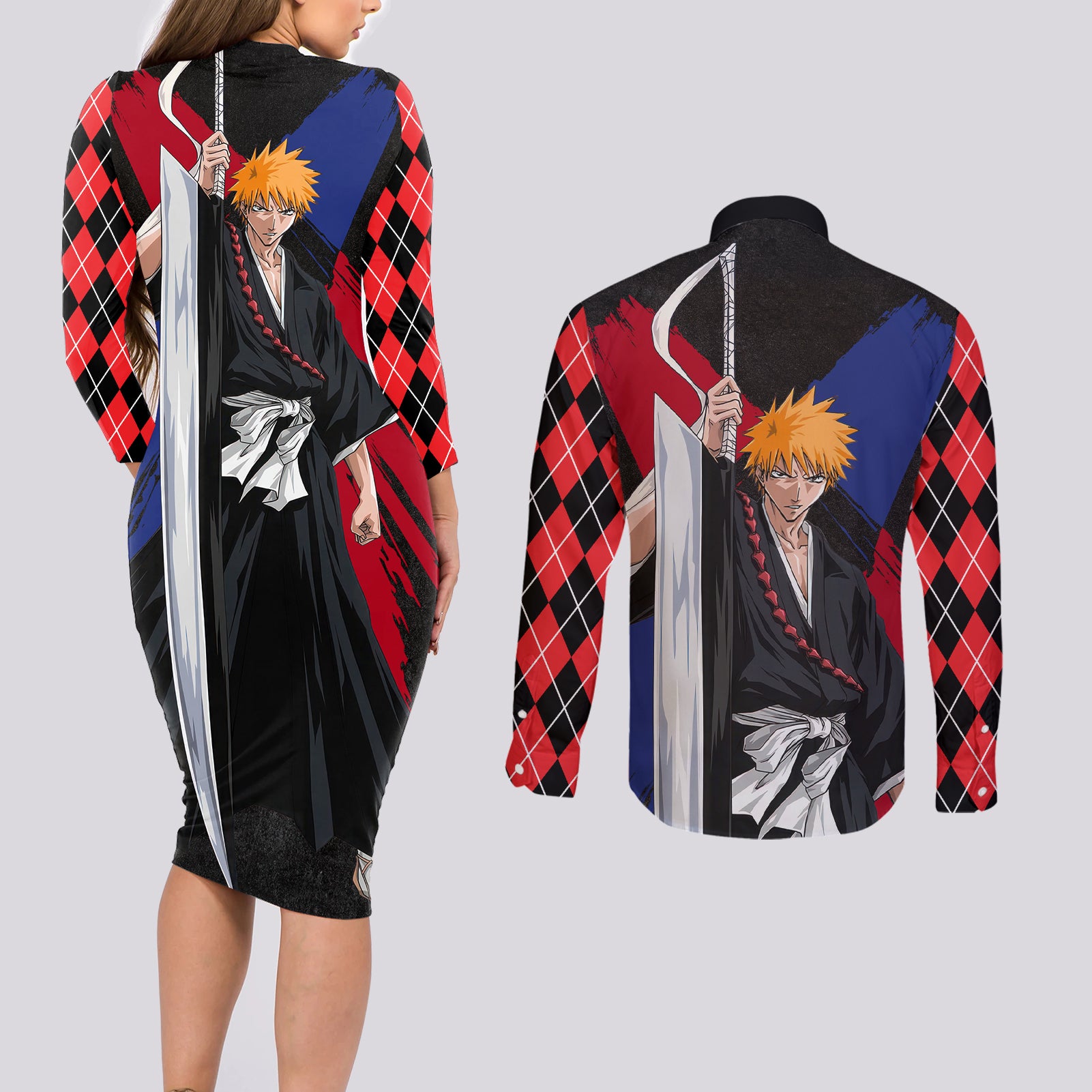 Ichigo Kurosaki Couples Matching Long Sleeve Bodycon Dress and Long Sleeve Button Shirt Anime Style